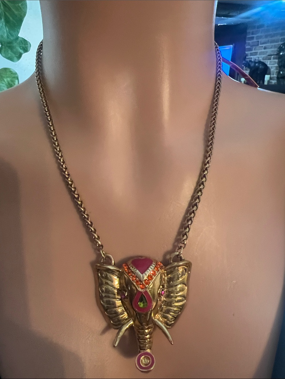 Betsey Johnson Gold Elephant Necklace with Pink and Green Accents
